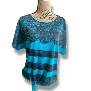 Elegant Teal and Black Lace Top w Rhinestones XL Signature Studio